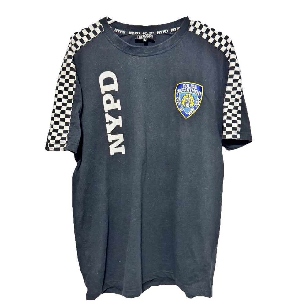Robin Ruth NYPD Checkered Sleeve T-Shirt Black Large Police Department Logo